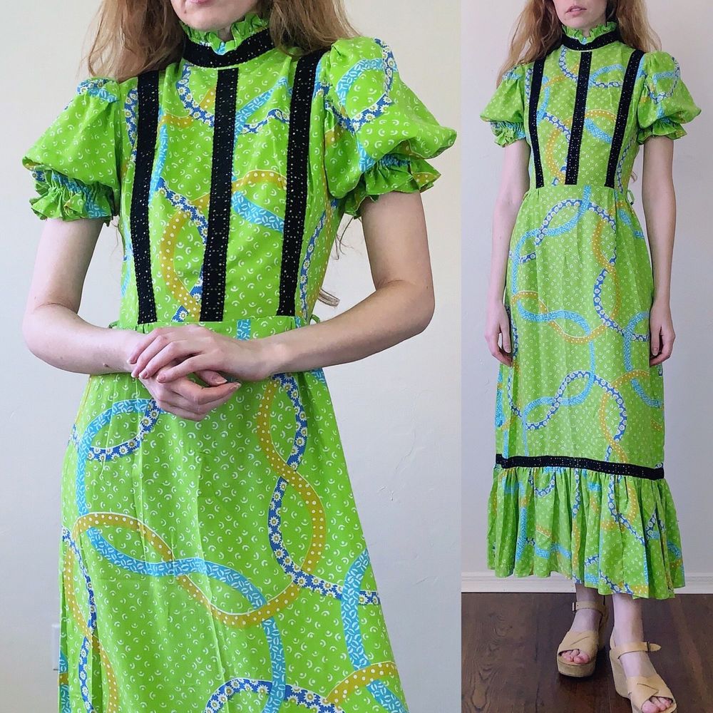 vintage 70s Bogart of Texas lime green prairie dress xs